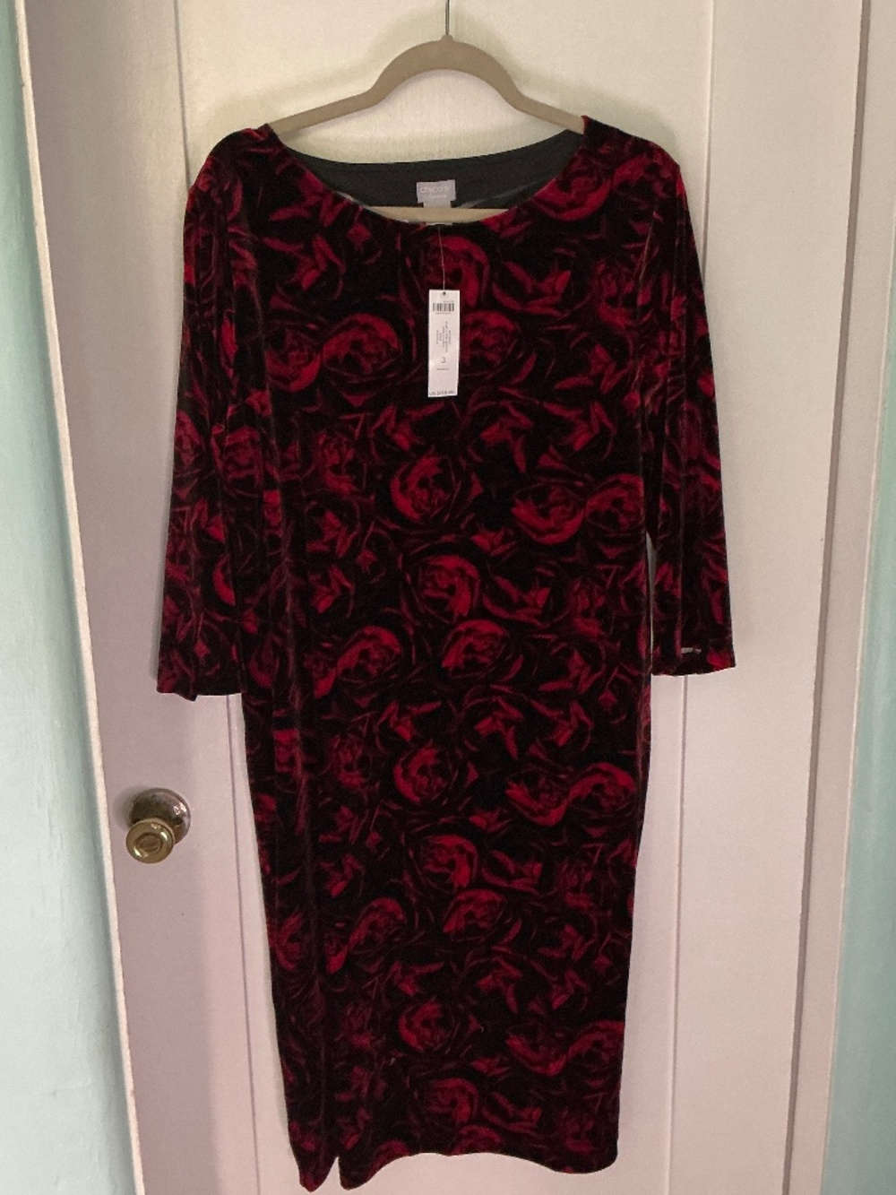 ❤️ Chico’s Velvet Floral Dress | Black & Red Classic Elegance, Size 3, NWT